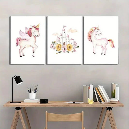 3pcs Pink Castle Unicorn Colorful Hair Floral Art Metal Print Ready to Hang Art