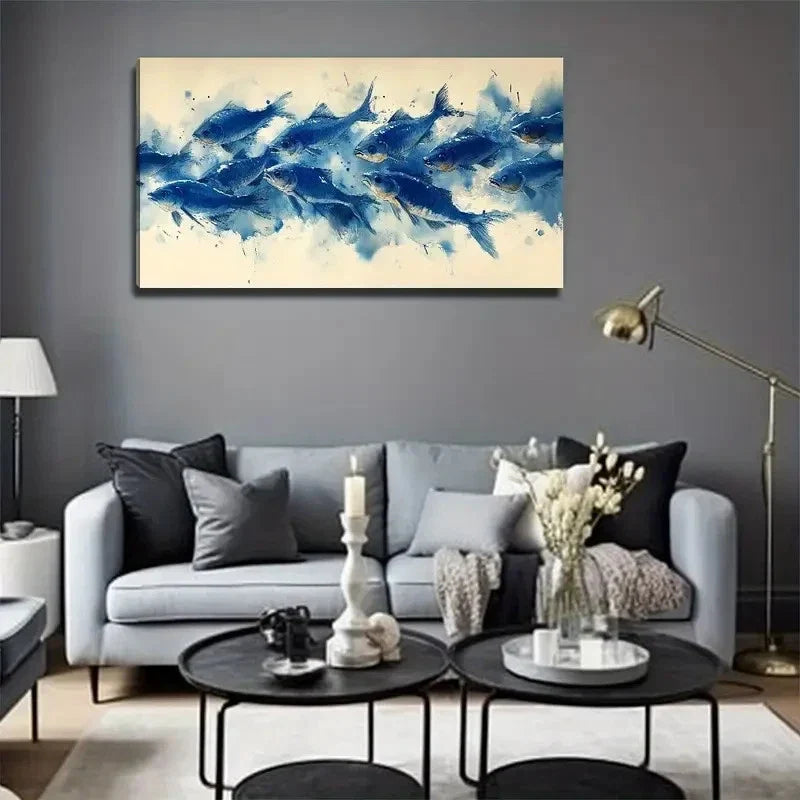 Blue Fish School Suitable Wall Art Canvas Office Home Room Framed 80x45cm