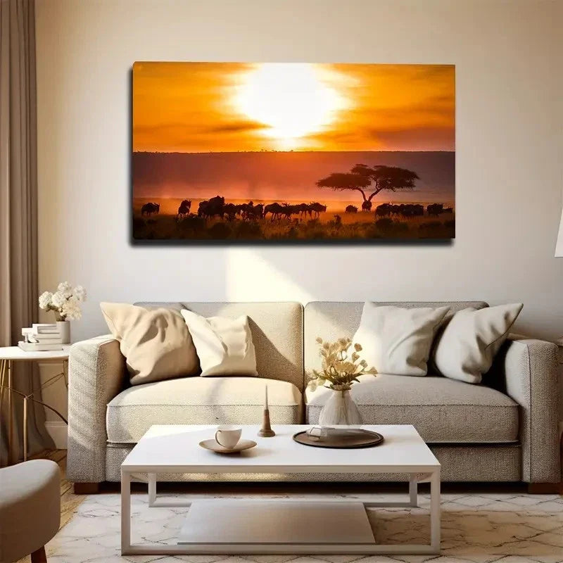 African Savanna Sunset Wall Art Canvas Office Home Room Framed 80x45cm