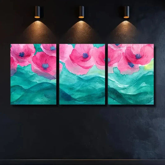 3pcs Summer Poppy Waves Watercolor Wash Metal Print Ready to Hang Art