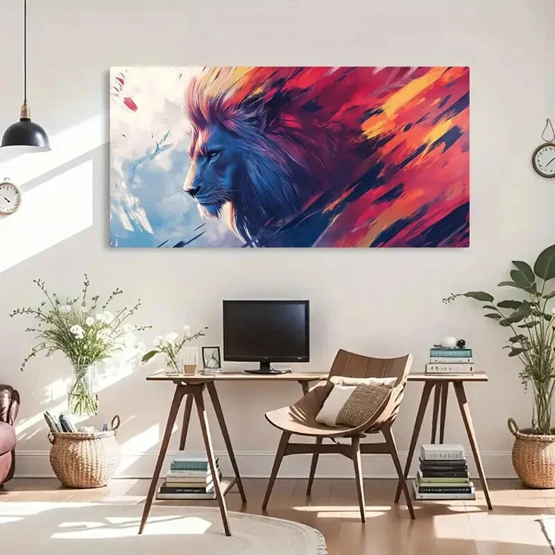 Majestic Lion Bold Fire and Ice Wall Art Canvas Office Home Room Framed 120x60cm