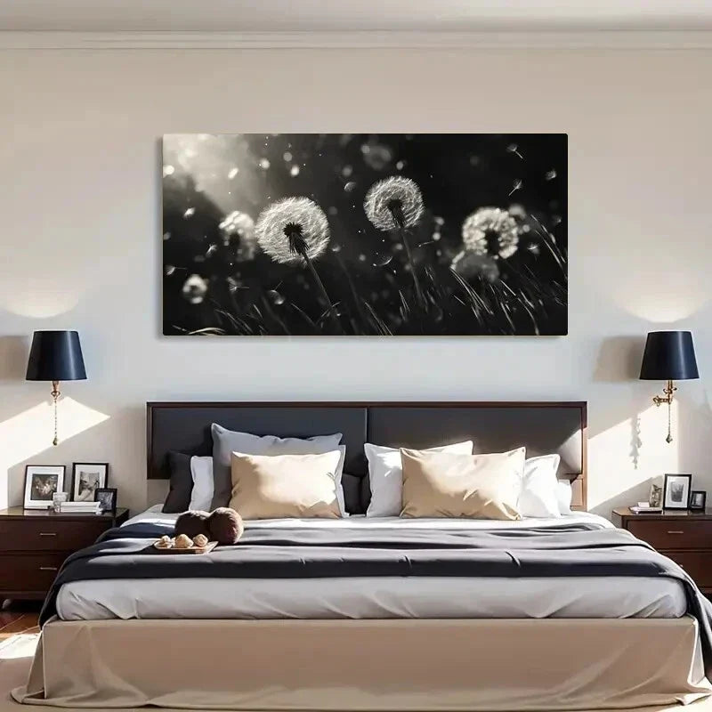 Black & White Dandelion Modern Wall Art Canvas Office Home Room Framed 80x45cm