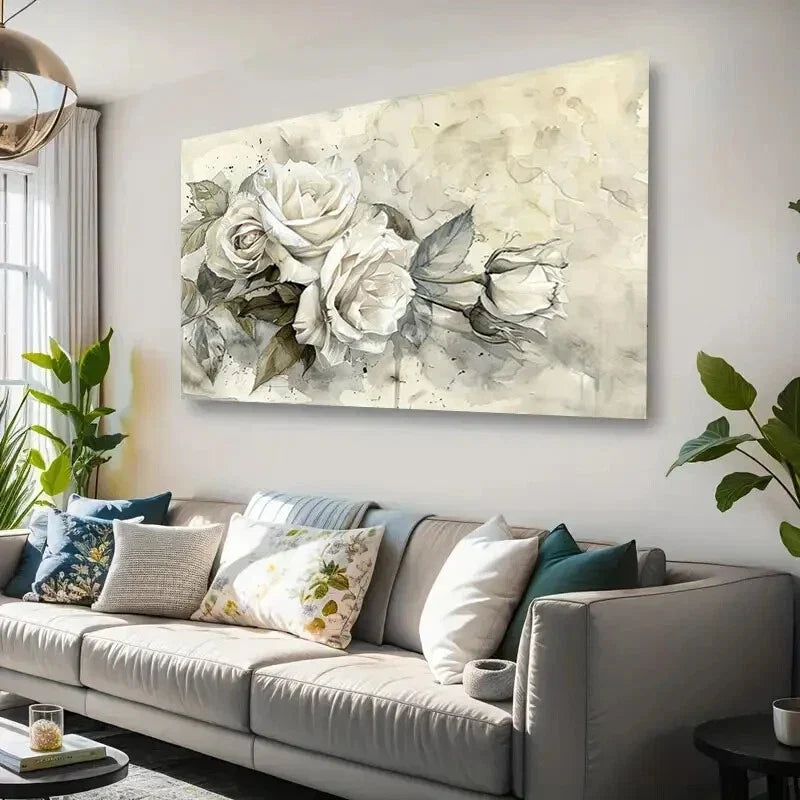 Watercolor White Rose Floral Wall Art Canvas Office Home Room Framed 120x60cm