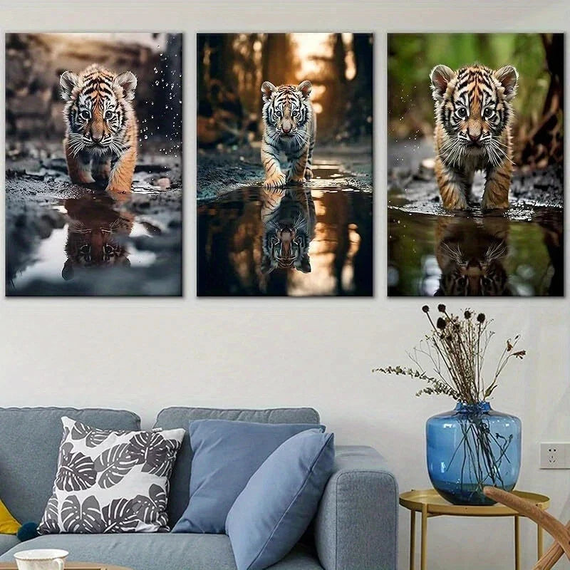 3pcs Tiger Cub Cute Animal Water Walking Metal Print Ready to Hang Art