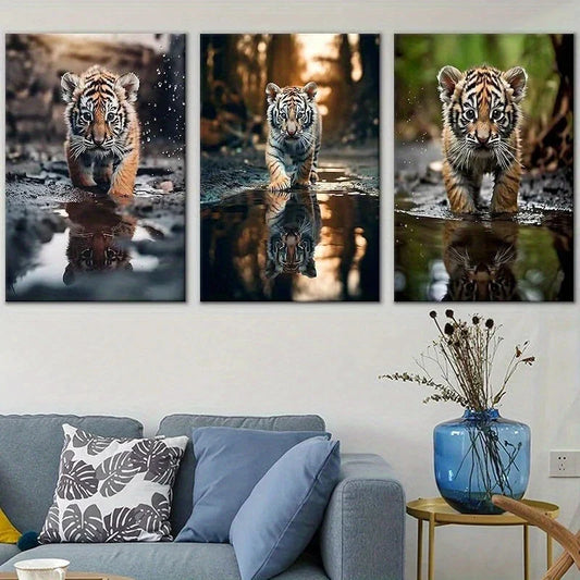 3pcs Tiger Cub Cute Animal Water Walking Metal Print Ready to Hang Art