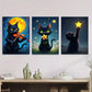 3pcs Charming Black Cat Triptych Moonlit Night Wall Art Set Canvas Framed 40x60cm - High Quality Print 100% Australian Made Wall Canvas Ready to Hang