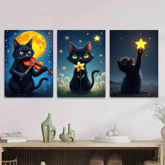 3pcs Charming Black Cat Triptych Moonlit Night Wall Art Set Canvas Framed 40x60cm - High Quality Print 100% Australian Made Wall Canvas Ready to Hang