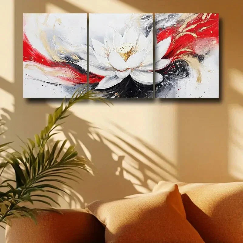 3pcs White Lotus Flower with Vibrant Abstract Metal Print Ready to Hang Art