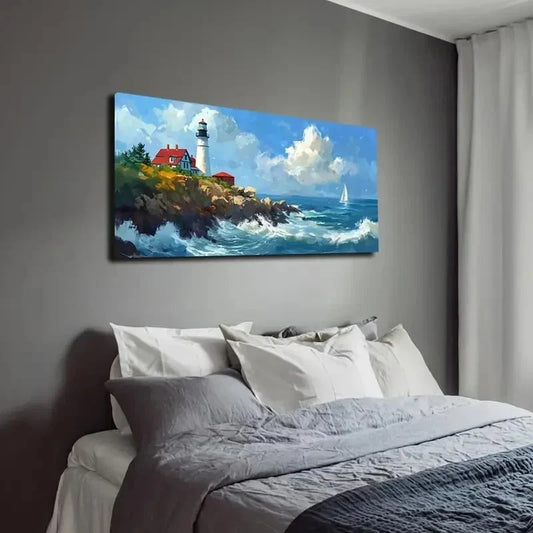 Coastal Lighthouse Scene Wall Art canvas office home room framed 120x60cm