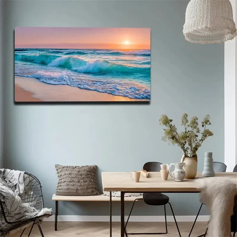 Ocean Waves Sunset Beach Scene Wall Art Canvas Office Home Room Framed 80x45cm