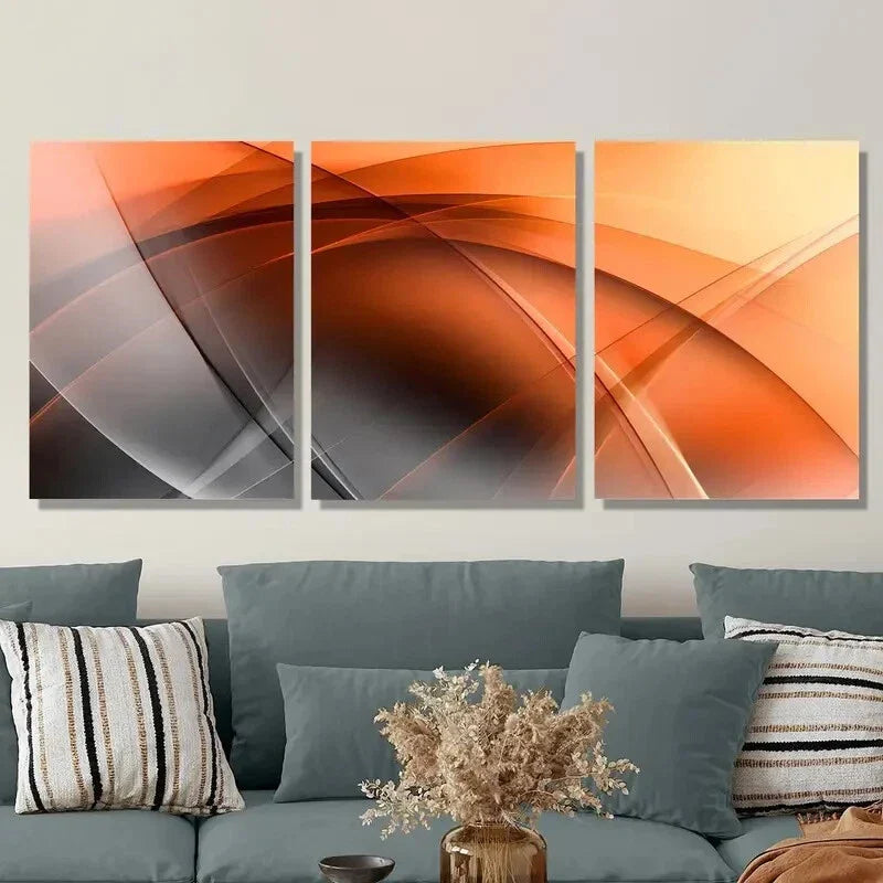 3pcs Black and Orange Wavy Shapes, Metal Print Ready to Hang Art