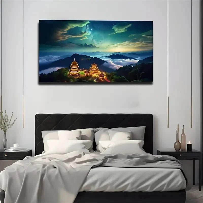 Temple Under Starry Night Sky Wall Art Canvas Office Home Room Framed 120x60cm