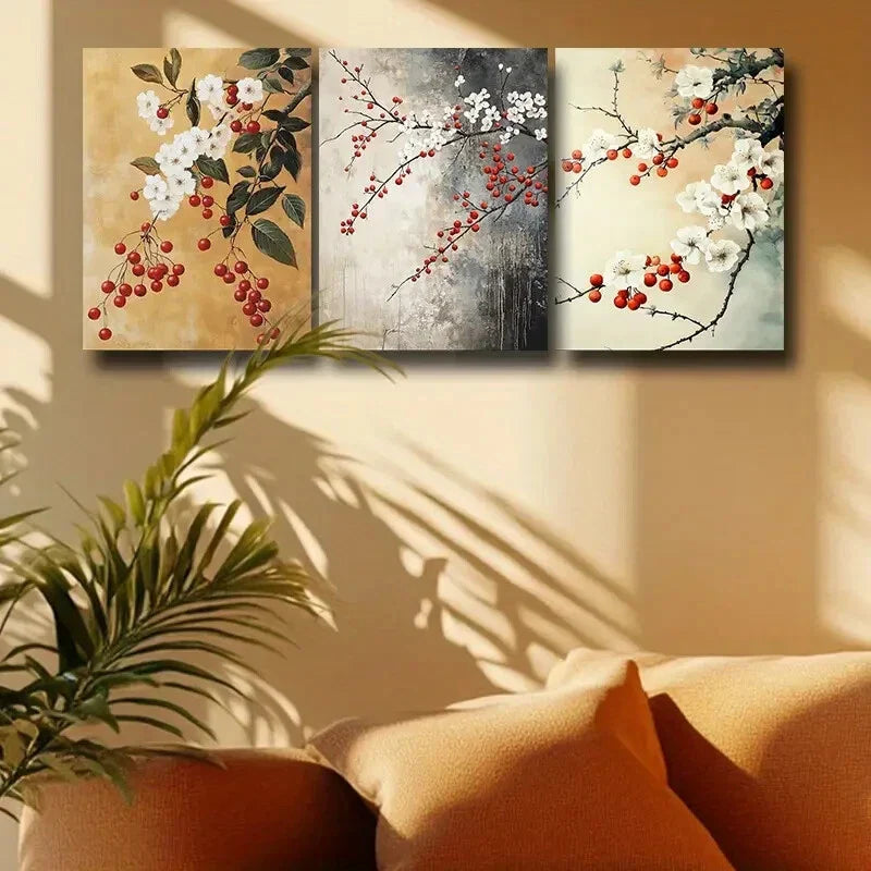 3pcs Red Berry with White Florals Design Metal Print Ready to Hang Art