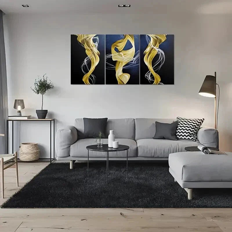 3pcs Abstract Golden Swirls on Dark Background Metal Print Ready to Hang Art