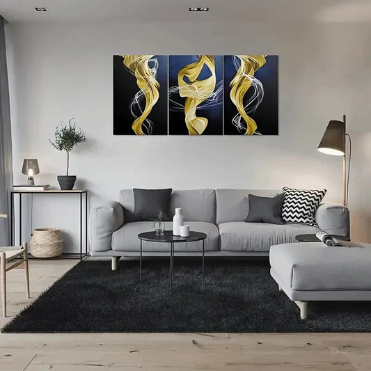 3pcs Abstract Golden Swirls on Dark Background Metal Print Ready to Hang Art