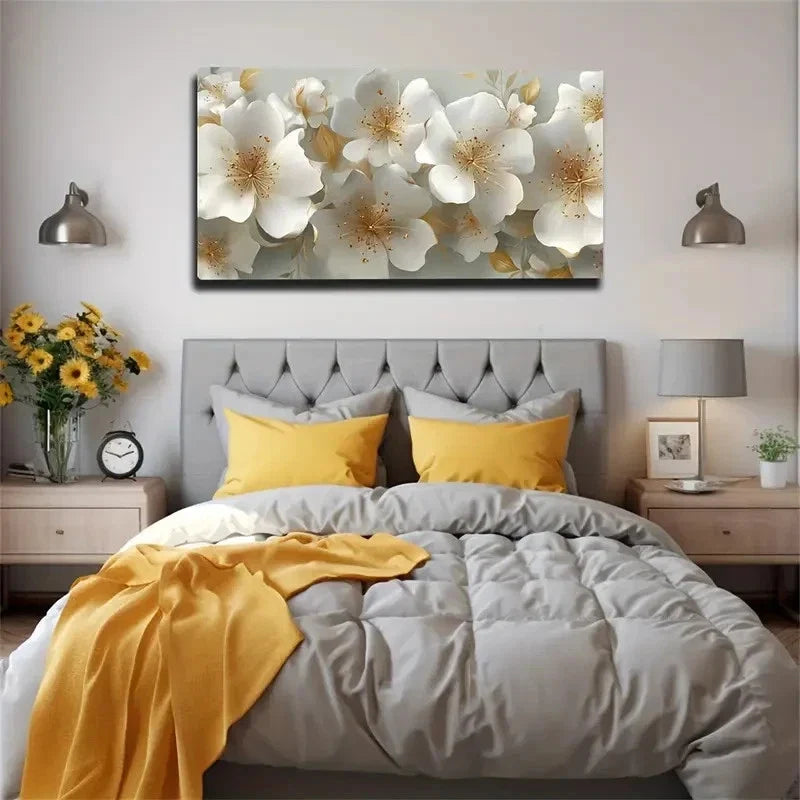 Beige & Golden Flower Painting Wall Art Canvas Office Home Room Framed 80x45cm