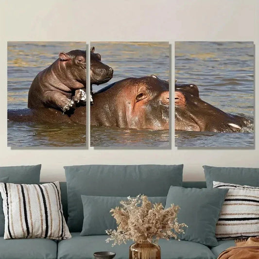 3pcs Hippo with Baby in the Lake Metal Print Ready to Hang Art