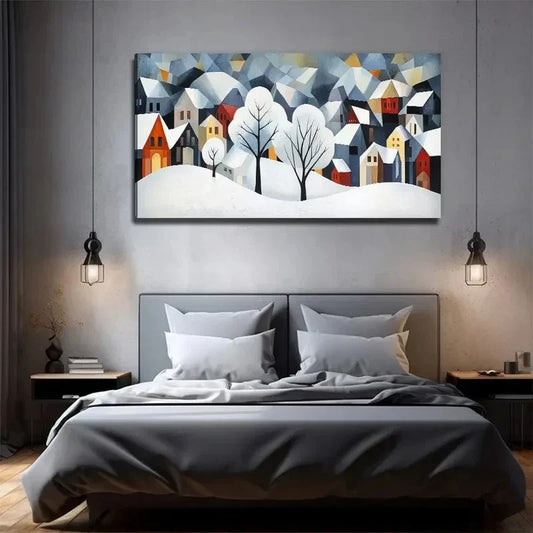 Snowy Village Scene Winter Wall Art Canvas Office Home Room Framed 120x60cm