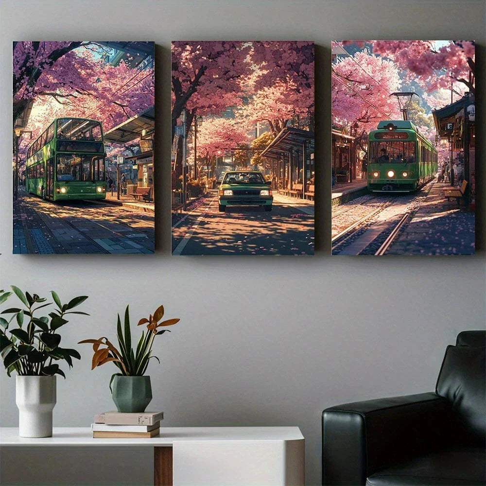 3pcs Abstract City Sakura Street View Metal Print Ready to Hang Art