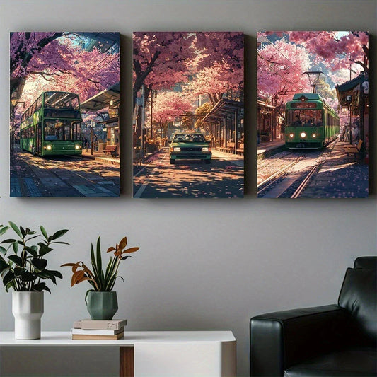 3pcs Abstract City Sakura Street View Metal Print Ready to Hang Art