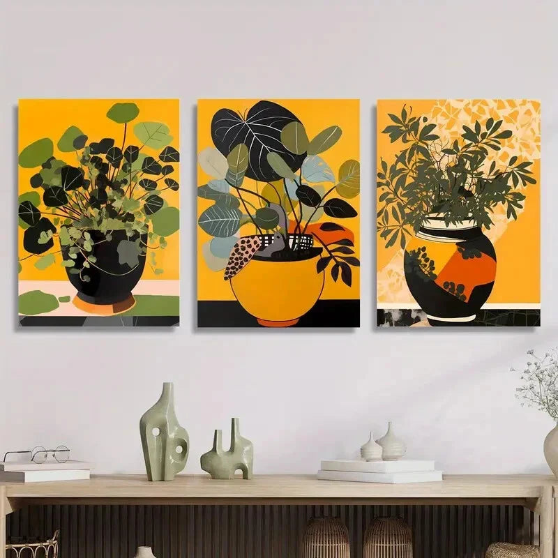 3pcs Green leaves painting, plant pot, Metal Print Ready to Hang Art