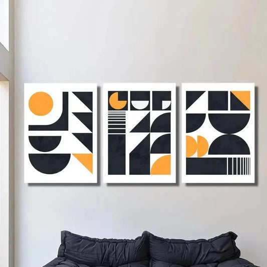 3pcs  Abstract black gold geometric shape  Metal Print Ready to Hang Art
