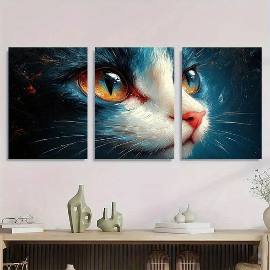 3pcs Abstract Cat Murals Stunning Golden Eyes Metal Print Ready to Hang Art