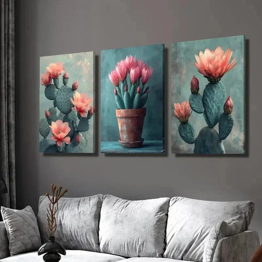 3pcs Cactus Flowers Potted Desert Plants Wall Art Set Canvas Framed 40x60cm - High Quality Print 100% Australian Made Wall Canvas Ready to Hang