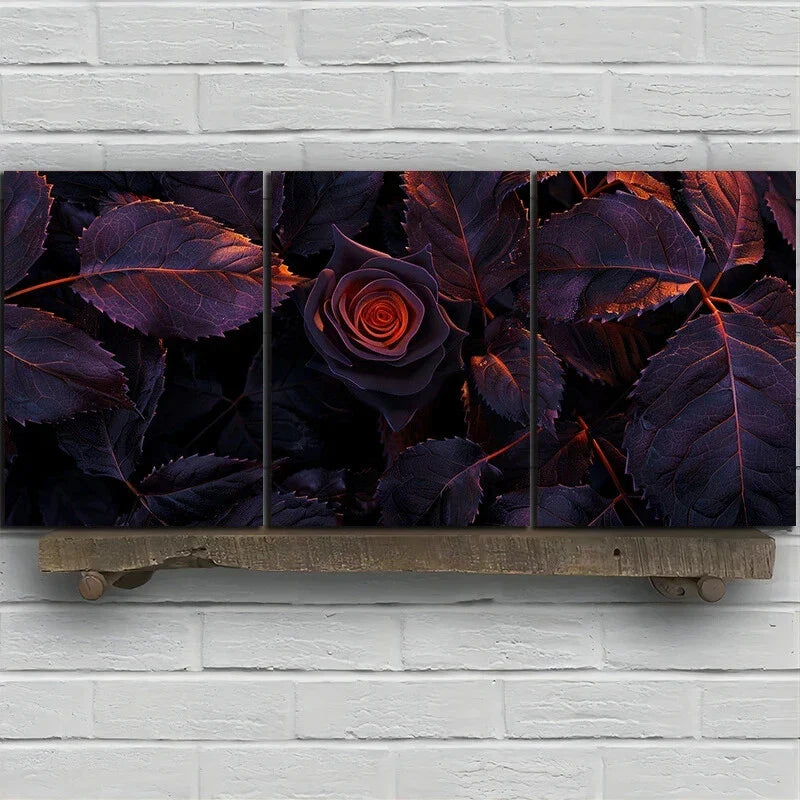 3pcs Purple Rose Floral Gray Leaves Metal Print Ready to Hang Art