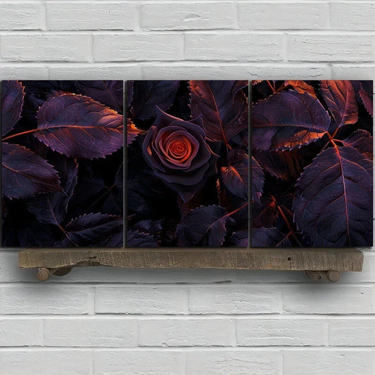 3pcs Purple Rose Floral Gray Leaves Metal Print Ready to Hang Art