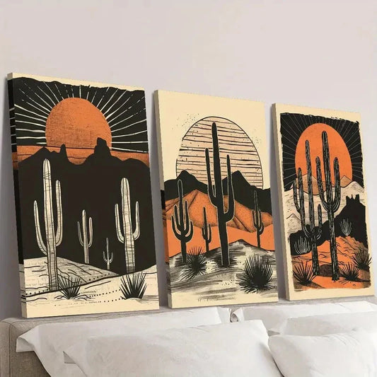 3pcs  Desert Cactus Sunset   Wall Art Set Canvas Framed 40x60cm - High Quality Print 100% Australian Made Wall Canvas Ready to Hang