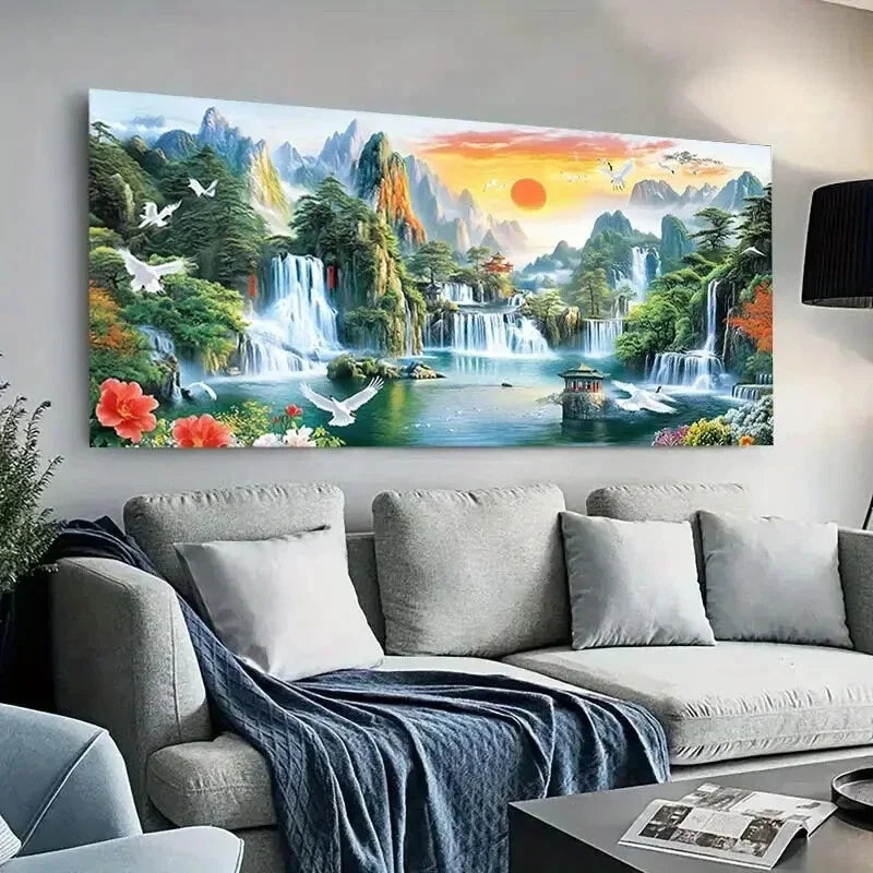 Vibrant Mountain Waterfall wall canvas office home room framed 120x60cm