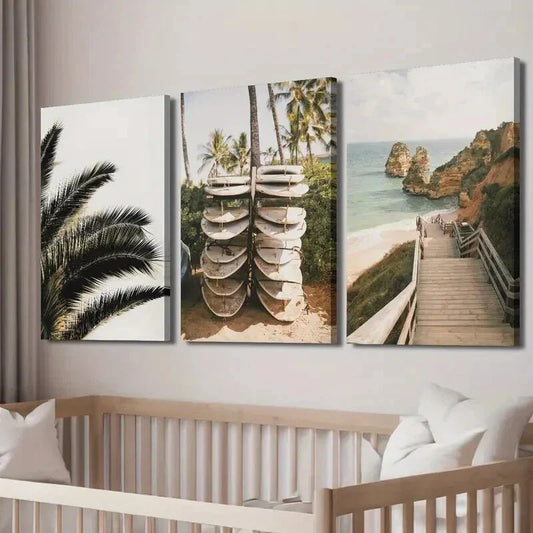 3pcs Southern California Beach Walk & Surfboards Wall Art Set Canvas Framed 40x60cm - High Quality Print 100% Australian Made Wall Canvas Ready to Hang