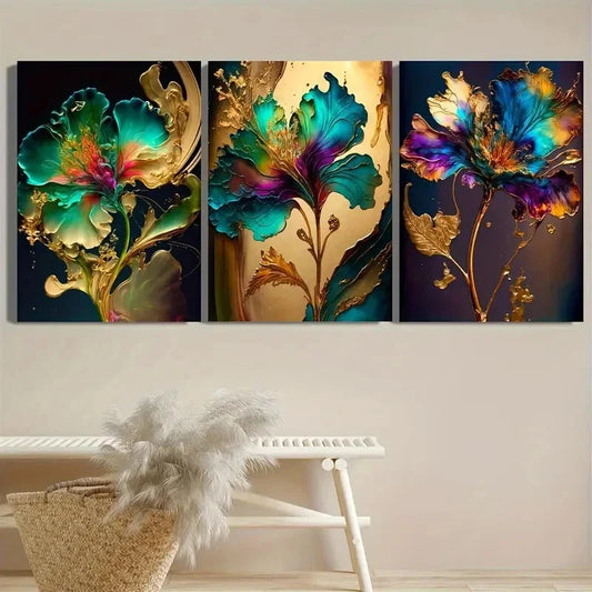 3pcs Vibrant Floral & Leaves Metal Print Ready to Hang Art