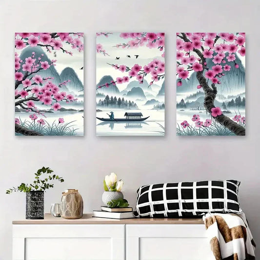 3pcs Serene Cherry Blossom River Boat Scene Metal Print Ready to Hang Art