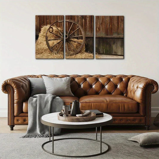 3pcs Retro Old Antique Wheel Painting Metal Print Ready to Hang Art