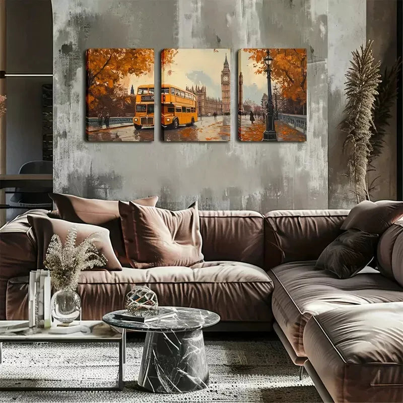 3pcs Cityscape with Yellow Double-Decker Buses Wall Art Set Canvas Framed 40x60cm - High Quality Print 100% Australian Made Wall Canvas Ready to Hang