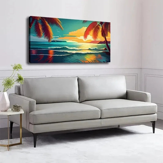 Tropical Beach Sunset Ocean Wall Art Canvas Office Home Room Framed 80x45cm