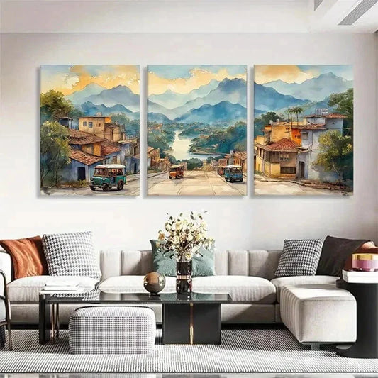 3pcs Vintage Mountain Street Colorful Prefect Wall Art Set Canvas Framed 40x60cm - High Quality Print 100% Australian Made Wall Canvas Ready to Hang