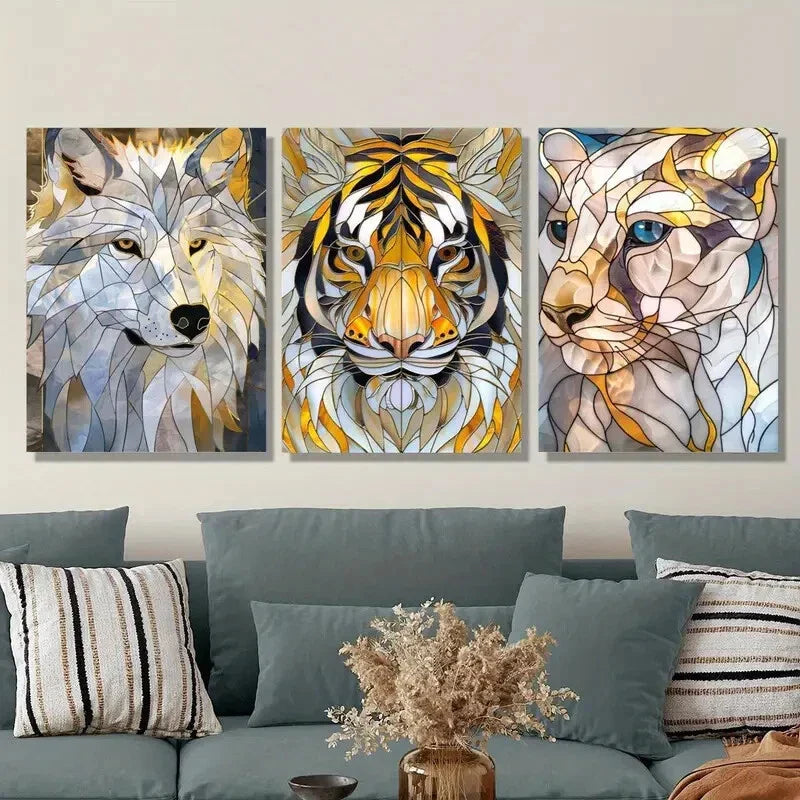 3pcs abstract tiger art, cheetah stained glass Metal Print Ready to Hang Art