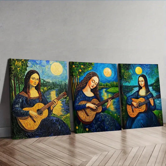 3pcs  Mona Lisa plays guitar Wall Art Set Canvas Framed 40x60cm - High Quality Print 100% Australian Made Wall Canvas Ready to Hang