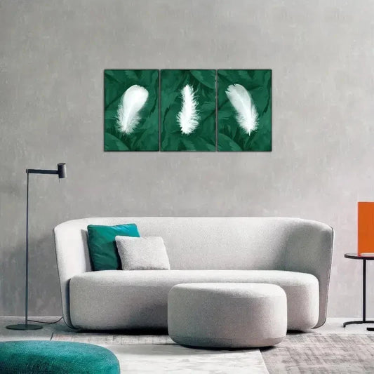 3pcs Stylish Feather Wall Decor with White Feather Metal Print Ready to Hang Art