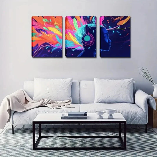 3pcs Vibrant Music Headphones Dreamlike Abstract  Wall Art Set Canvas Framed 40x60cm - High Quality Print 100% Australian Made Wall Canvas Ready to Hang