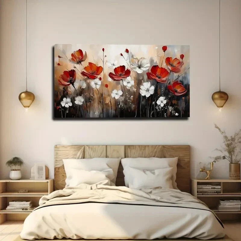 Vibrant Red & White Floral Wall Art canvas office home room framed 120x60cm