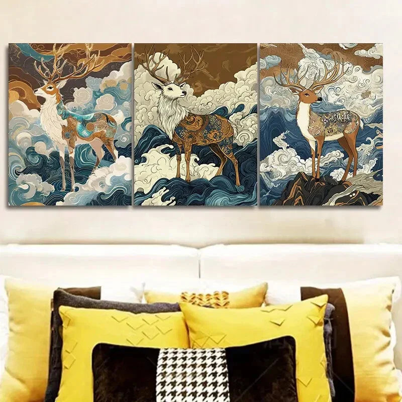 3pcs Majestic Deer with Dual Antlers, Wall Art Set Canvas Framed 40x60cm - High Quality Print 100% Australian Made Wall Canvas Ready to Hang