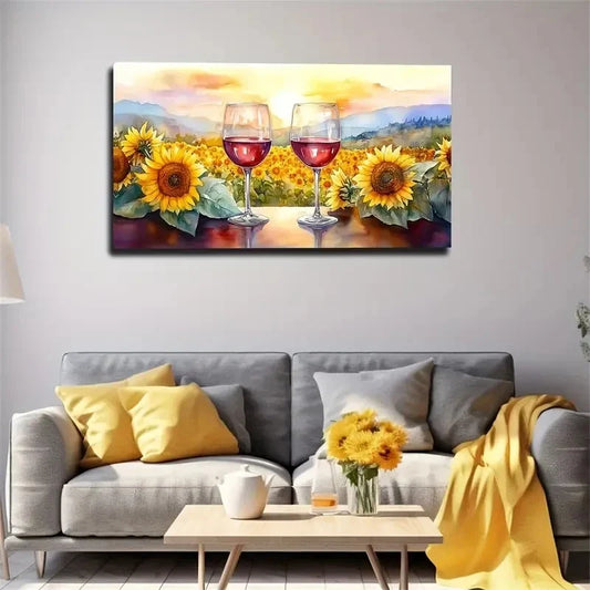 Sunflowers Wine Glasses & Wall Art Canvas Office Home Room Framed 120x60cm