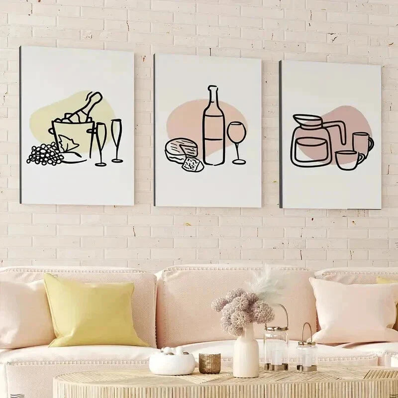 3pcs Line Art Trendy Bar Wine Bottle and Cheese Wall Art Set Canvas Framed 40x60cm - High Quality Print 100% Australian Made Wall Canvas Ready to Hang
