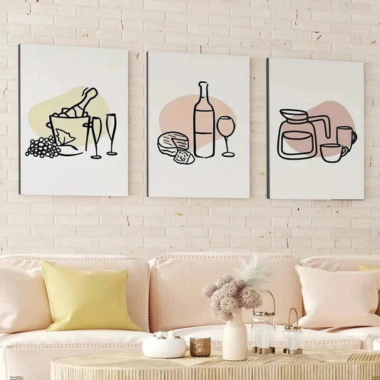 3pcs Line Art Trendy Bar Wine Bottle and Cheese Wall Art Set Canvas Framed 40x60cm - High Quality Print 100% Australian Made Wall Canvas Ready to Hang