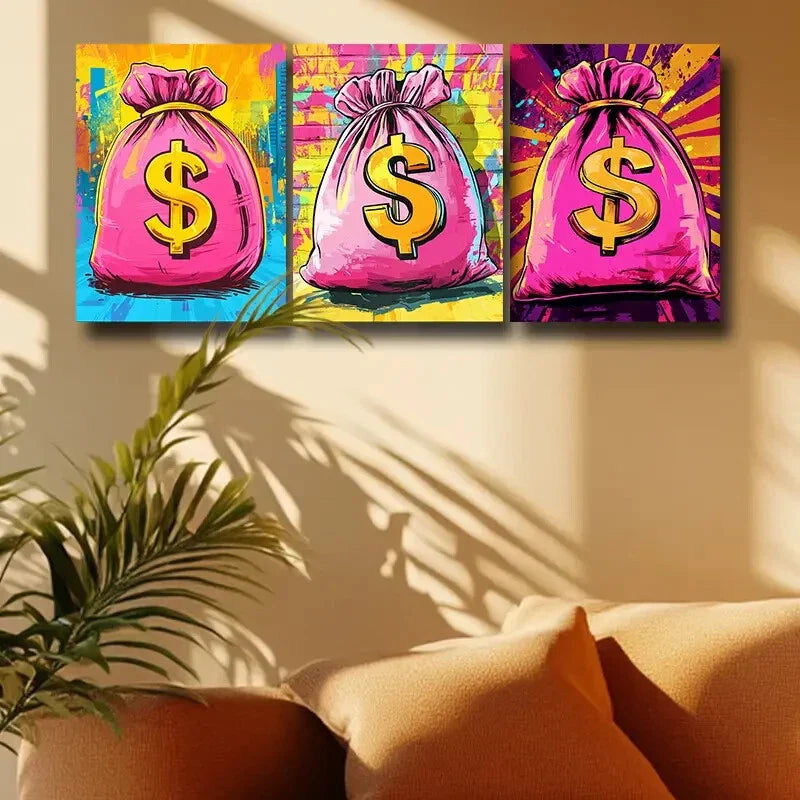 3pcs Money Bag with Vibrant $ Signs Metal Print Ready to Hang Art