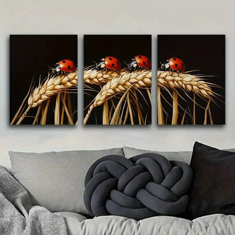 3pcs  The Ladybug Is Standing on The Wheat Metal Print Ready to Hang Art